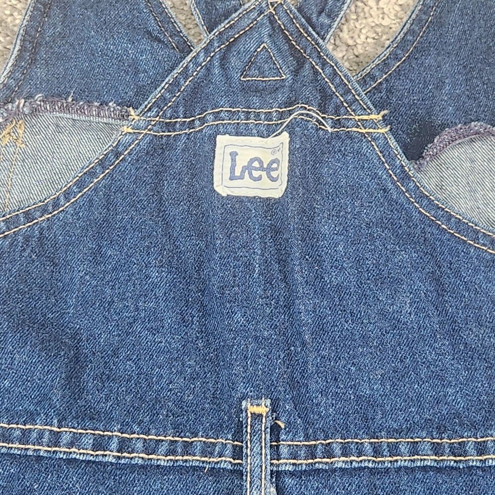 VTG Lee Denim Overall Dress Sz Medium 7/8 Dark Wash Button Front Bib USA 70s 80s - Picture 6 of 13